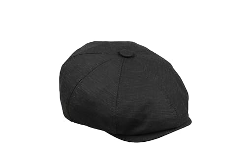 8 Panel Newsboy Cap – Linen Blend with 100% Cotton Lining - color: Black, size: Medium
