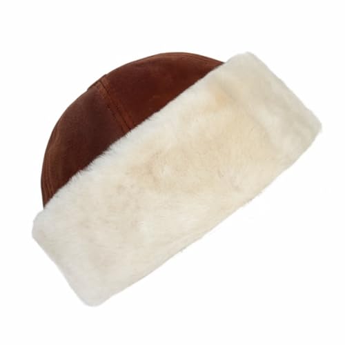 Lukkizara Winter Leather Hat Shearling Sheepskin Fur Beanie Hat - color: Cognac, size: Medium