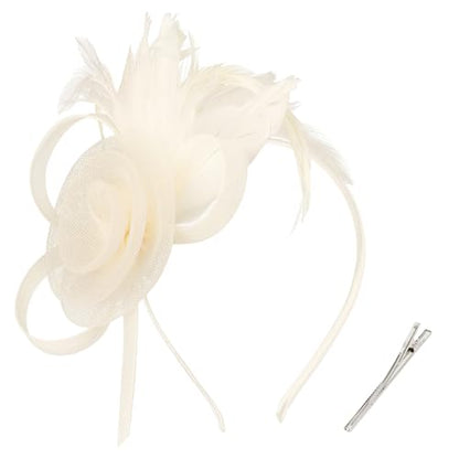 AMCAMI Fascinators Hats with Feather for Women 2026 Derby Hats Small Tea Party Hat with Headband - color: Beige