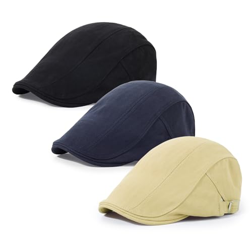 3Pcs Cotton Newsboy Hat for Men Cool Adjustable Flat Cap - color: Black+navy+khaki