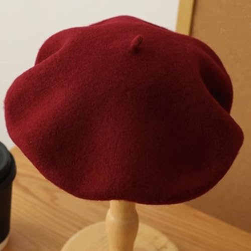 Women French Beret Hat Solid Artist Hat Wool Beret Winter Warm Beanie Cap - color: Dark Red