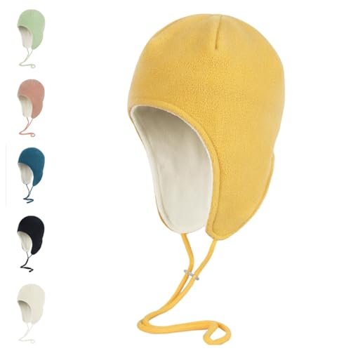 Mens Womens Warm Fleece Beanie Soft Winter Hat with Ear Flaps Windproof Ski Snow Cycling Skull Cap Helmet Liner - color: Yellow