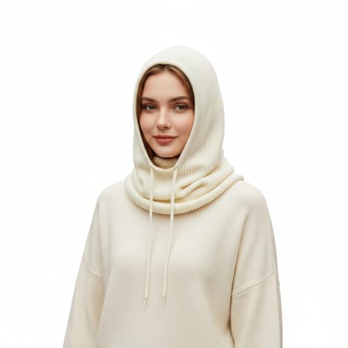 Hooded Scarf Beanie for Women, 2-in-1 Knit Balaclava, Winter Scarf Hat & Neck Gaiter for Skiing, Running, Cold Weather - color: White, size: Large
