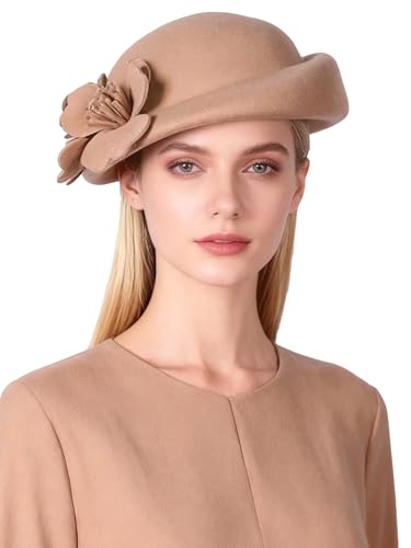 Women Wool Felt Ribbon French Fashion Vintage Millinery Beret Hats Top Cap Ladies Party Wedding Fedoras Chapeau - color: Camel 2