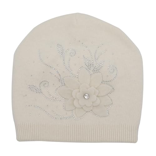 ZLYC Women Floral Slouchy Beanie Hat Double Layer Winter Knit Skull Cap - color: Flower White