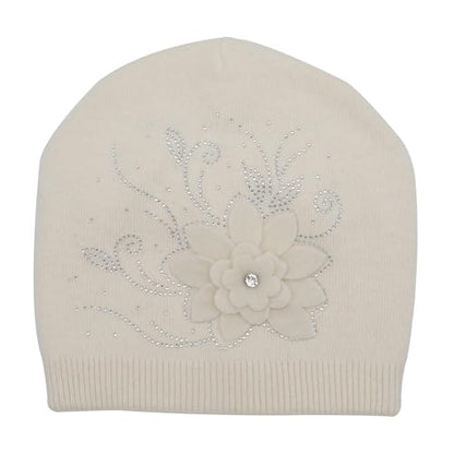 ZLYC Women Floral Slouchy Beanie Hat Double Layer Winter Knit Skull Cap - color: Flower White