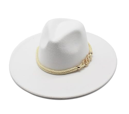 Fashion Men & Women Wide Brim Fedora Hats with Ring Belt Buckle Adjustable Church Dress Floppy Panama Hat Derby Cap - color: White