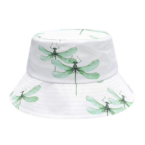 ZLYC Printed Bucket Hat for Women Men Packable Summer Sun Hat for Beach - color: Dragonfly White