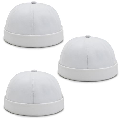 DIYDECAL 3 Pack Mens Brimless Skullcap Sailor Docker Cap Rolled Cuff Retro Beanie Hat - color: White