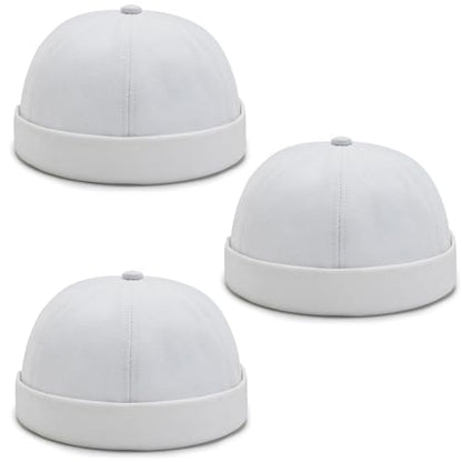 DIYDECAL 3 Pack Mens Brimless Skullcap Sailor Docker Cap Rolled Cuff Retro Beanie Hat - color: White