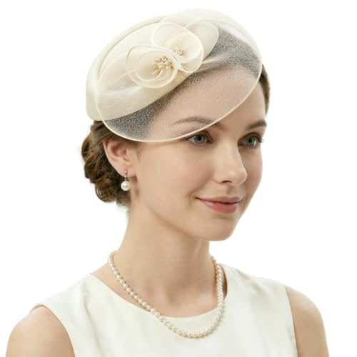 DRESHOW Fascinator Hats for Women Cocktail Tea Party Hat Netted Pillbox Hat Vintage Derby Hats for Bridal Wedding - color: Pillbox Hat: Off-white