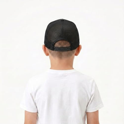 BROMZ Kids Youth American Flag Trucker Hat Flat Bill, Breathable Mesh Back Snapback Baseball Cap for Boys Girls 5-15 Years - color: Dark Gray/Black Flag