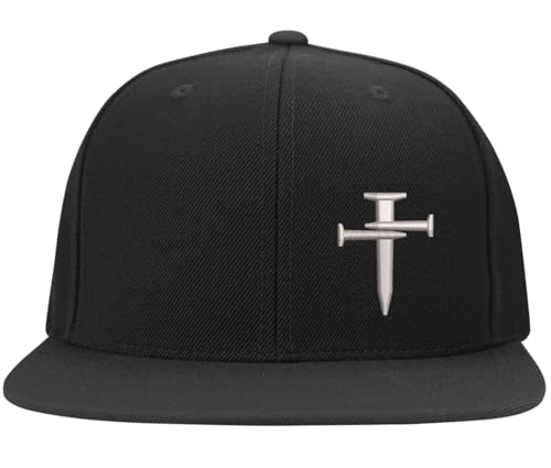 Nail Cross Christian Fitted Side Embroidered Hat Baseball Cap - color: Black Flat Brim, size: Large-X-Large
