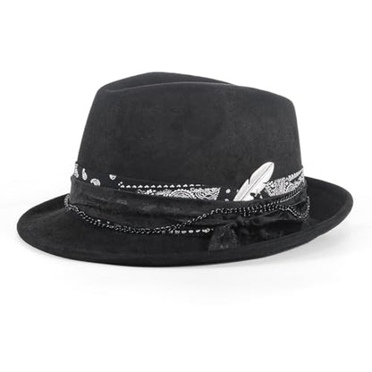 Fedora Trilby Hats for Men Women Handmade 1920s Classic Short Brim Hat with Feathers Unisex - color: Coal Black