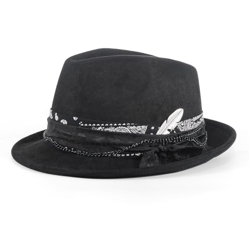 Fedora Trilby Hats for Men Women Handmade 1920s Classic Short Brim Hat with Feathers Unisex - color: Coal Black