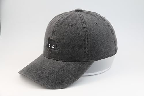 Peeking Black Cat Embroidered Washed Baseball Cap, Adjustable Vintage Dad Hat for Cat Lovers Unisex - color: Black