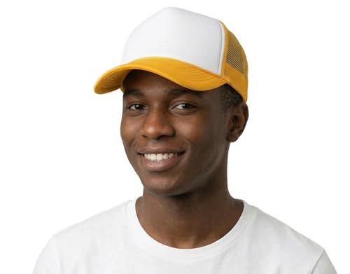 NYFASHION101 Plain Mesh Trucker Hat - Breathable 6-Panel Daily Snapback Cap, Customizable Ideal for DIY Embroidery & Patches - color: White/Gold