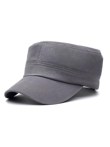 Washed Cotton Basic Cadet Army Cap Everyday Military Style Hat Vintage Flat Top Cap - color: Grey