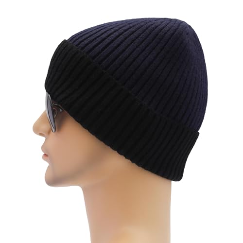 ZLYC Men Winter Knit Fisherman Beanie Hat Fashion Warm Daily Skull Cap - color: Cuffed Black and Navy