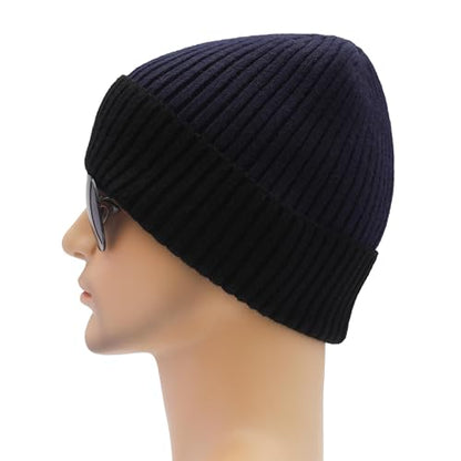 ZLYC Men Winter Knit Fisherman Beanie Hat Fashion Warm Daily Skull Cap - color: Cuffed Black and Navy