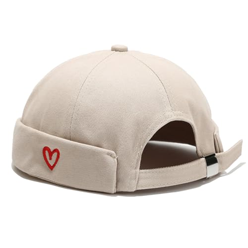 Men Docker Cap Brimless Skullcap Sailor Cap Rolled Cuff Retro Beanie Hat with Adjustable - color: Heart Beige