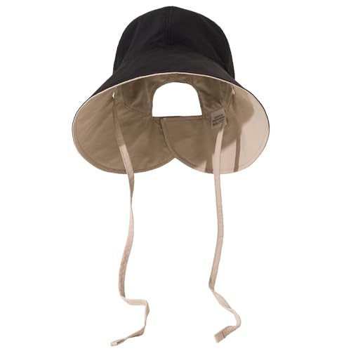 Reversible Women's Bucket Hat for Summer, Water-Resistant Ponytail Cap with Chin Strap, UV Shield Sun Hats - color: Black/Beige
