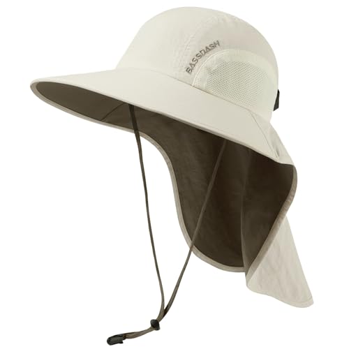 BASSDASH UPF 50+ Unisex Water Resistant Wide Brim Sun Hat with Large Neck Flap Ponytail Fishing Hat for Men Women - color: Ivory/Sand