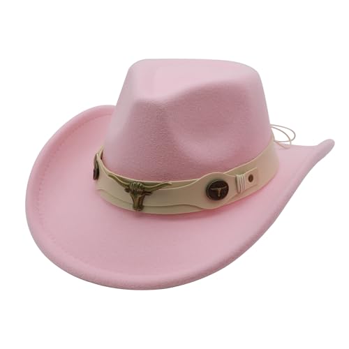 Western Cowboy Hat for Men Cowgirl Hat for Women Unisex Wide Brim Felt Fedora Hats Classic Cowboy Hats - color: Pink