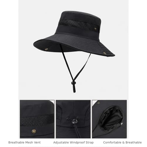 Sun Hats for Women Outdoor Breathable Wide Brim Hat Mesh Ponytail Hole Bucket Hat - color: Black