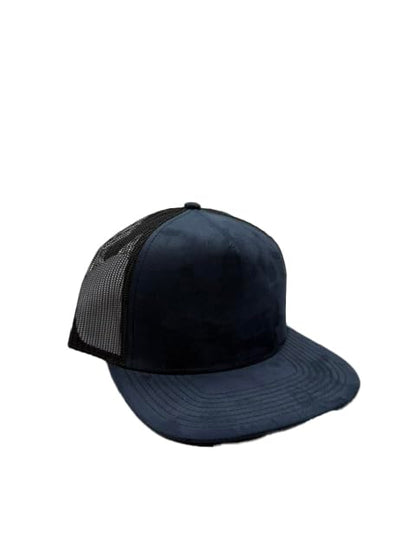 Ashen Fane Faux Suede Polyester Blend 5 Panel Classic Flat or Round Visor Adjustable Snapback Mesh Back Trucker Hat - color: Flat - Navy