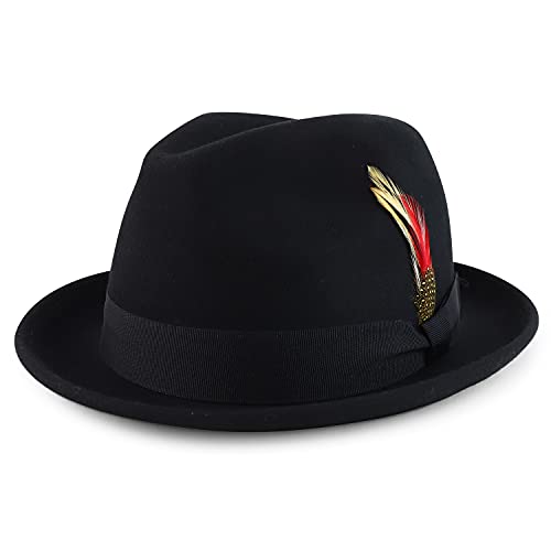 Armycrew Classic 100% Wool Felt Fedora with Feather Fits Upto 2XL - color: Black, size: X-Large