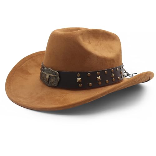 LIDHAY Cowboy Hat for Women Men with Shapeable Wide Brim Western Suede Hat for Cowboys and Cowgirls - color: Dark Khaki