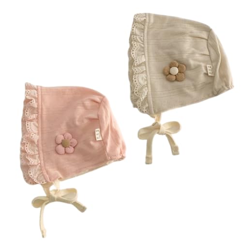 Lovely Baby Girl Bonnet Soft Ruffle Brimmed Newborn Baby Beanie - color: Beige Flower & Pink Flower