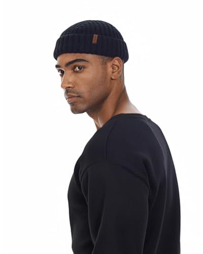Chunky Wool Fisherman Short Beanie Hats Skull Cap for Men, Mens Thick Skater Streetwear Fishermans Beanie Daily Hat - color: Black