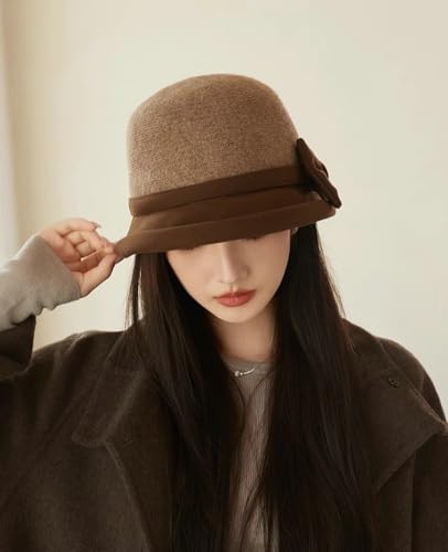 Classic Felt Fedora Hat for Women 2026 Fall Winter Soft Elegant Bow Bucket Hat Cozy Short Brim Cap 2026 - color: Brown