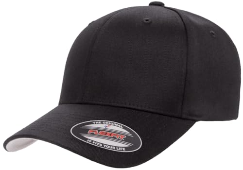 Flexfit Wooly Combed 6-Panel Structured Baseball Cap | Stretch Fitted - color: Black, size: Large-X-Large