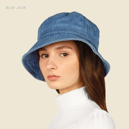 Hot Summer Bucket Hat - Trendy Cotton Sun Hat for Beach, Golf, Fishing - color: Light Denim