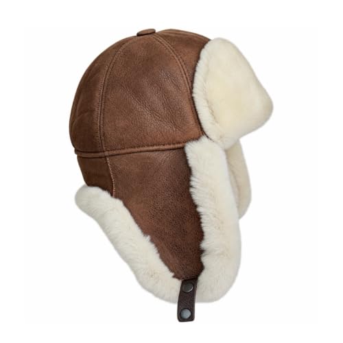 Handmade Sheepskin Leather Trapper Hat – Aviator Cap with Fur Lined Ear Flaps, Shearling Russian Ushanka Winter Hat - color: Caramel, size: X-Large