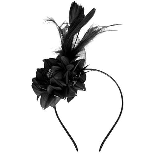 Pistha Fascinators Hats for Women, Fascinators Headband Pearl Mesh Feather Headpiece for Wedding Cocktail Tea Party Accessory - color: Black