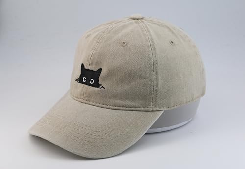 Peeking Black Cat Embroidered Washed Baseball Cap, Adjustable Vintage Dad Hat for Cat Lovers Unisex - color: Beige