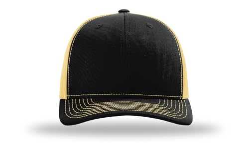Richardson 112 Trucker Hat - Premium Blank Baseball Cap, Adjustable Snapback Hat - Structured Six Panel Richardson Blank Hats - color: Black/ Vegas Gold