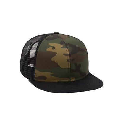 Ashen Fane 6 Panel Mid Profile Mesh Back Structured Trucker Adjustable Snapback Hat - color: Camo Blk/Brn/Blk