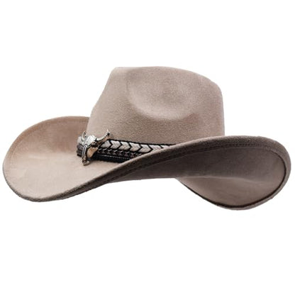 Women Men Western Cowboy Cowgirl Hat with Buckle Belt Wide Brim Outdoor Fedora Hats - color: Beige