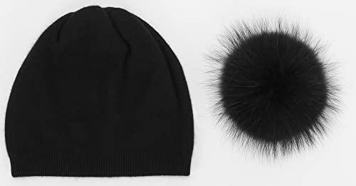 Women's Double Layer Winter Slouchy Knit Beanie Hat with Real Fur Pom Pom - color: Black Pom 3