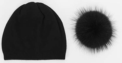 Women's Double Layer Winter Slouchy Knit Beanie Hat with Real Fur Pom Pom - color: Black Pom 3