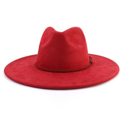 LIDHAY Big Wide Brim Fedora Hats for Women Men Western Suede Hat Large Felt Panama Hat Rancher Hat - color: Wine Red
