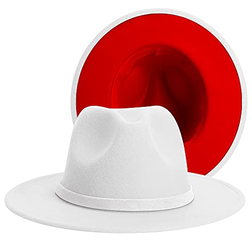 Wide Brim Fedora Hats for Women Mens Felt Fedora Hats With Belt Buckle - color: 2-white/Red2, size: Large-X-Large