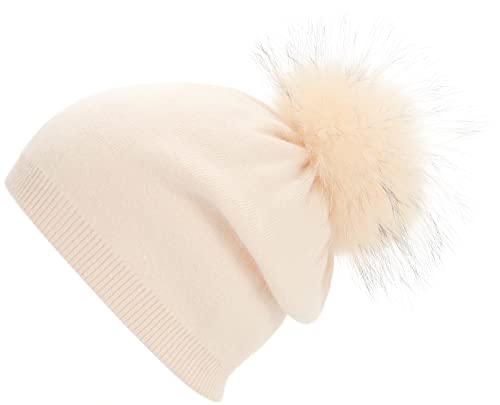 Women's Double Layer Winter Slouchy Knit Beanie Hat with Real Fur Pom Pom - color: Beige Pom
