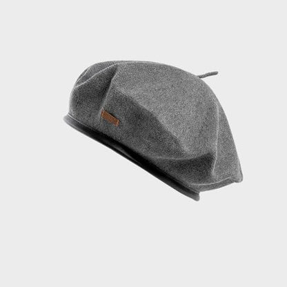 Cotton French Beret Hat for Men Women, Military Style Beret Cap with Leather Label & Drawstring, Casual Beanie - color: Grey
