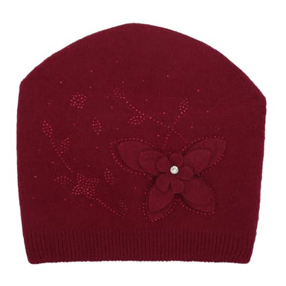 ZLYC Women Floral Slouchy Beanie Hat Double Layer Winter Knit Skull Cap - color: Butterfly Red
